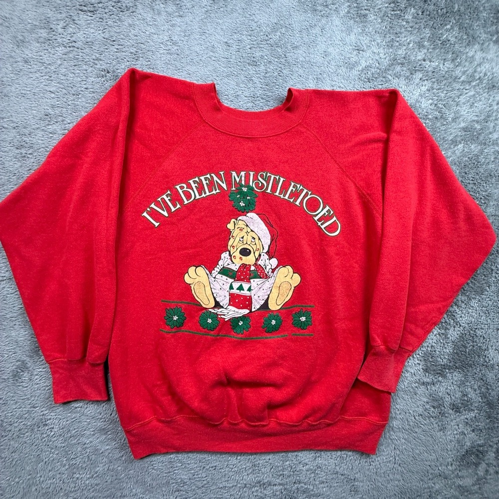 VTG 90s Christmas Sweatshirt I've Been Mistletoed Cute Dog Puppy Pullover L USA